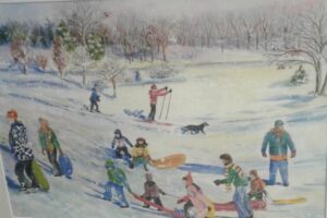 Artists Minnesota painting of kids skiing and sledding in Minnesota winter